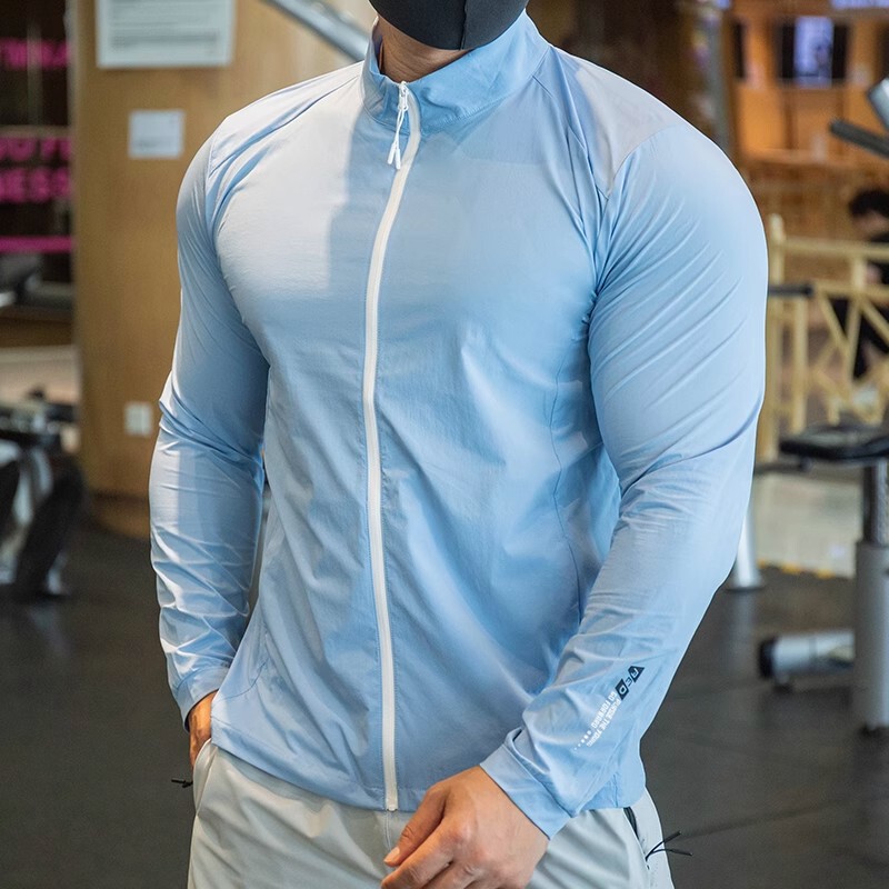 Spring and Summer Sports Sun Protection Jacket for Men, Fitness Running Training Jacket, Stand-Up Collar Cardigan, Zipper, Quick-Drying Breathable Top