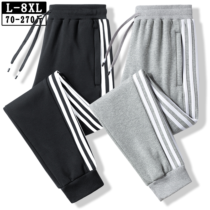 Summer Pure Cotton Men's Sweatpants with Three Stripes, Casual Long Pants, Breathable, Loose Fit, Plus Size, Jogger Pants