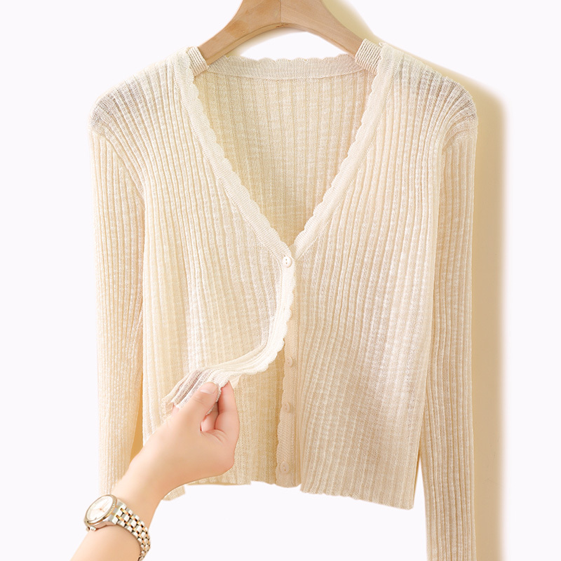 Ice Silk V-Neck Knitted Cardigan, Thin Short Style for Women, High-Waisted, Paired with Skirts, Summer Outerwear, Shawl, Air-Conditioning Shirt for Women