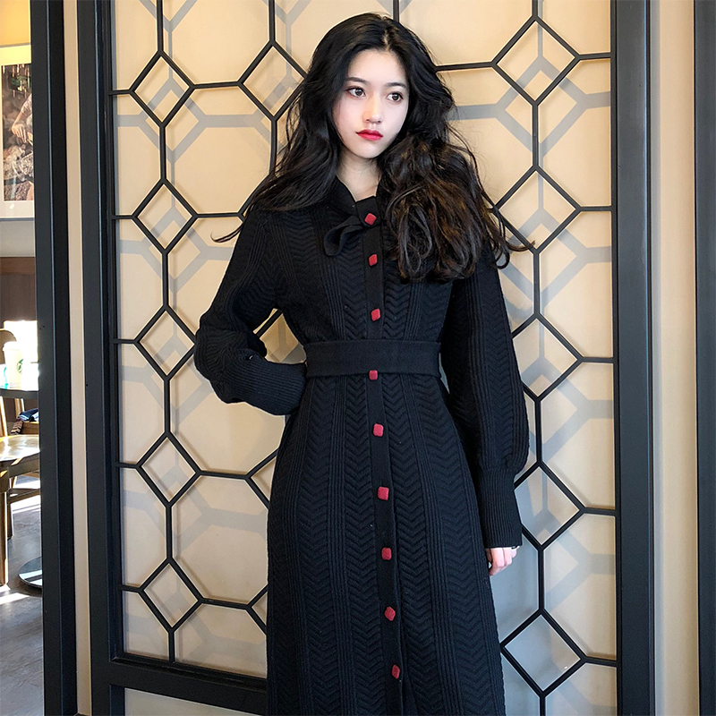 2020 autumn and winter new Korean version of women's temperament retro waist mid-length version of knee-length sweater skirt knitted dress