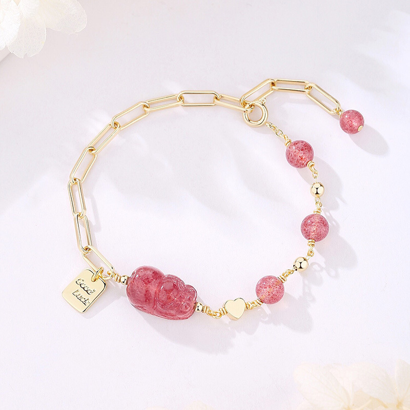 Natural Strawberry Crystal Powder Crystal Pixiu Hands Female Simple Niche Design Girlfriends Single Circle Pink Crystal Transfer Bracelet