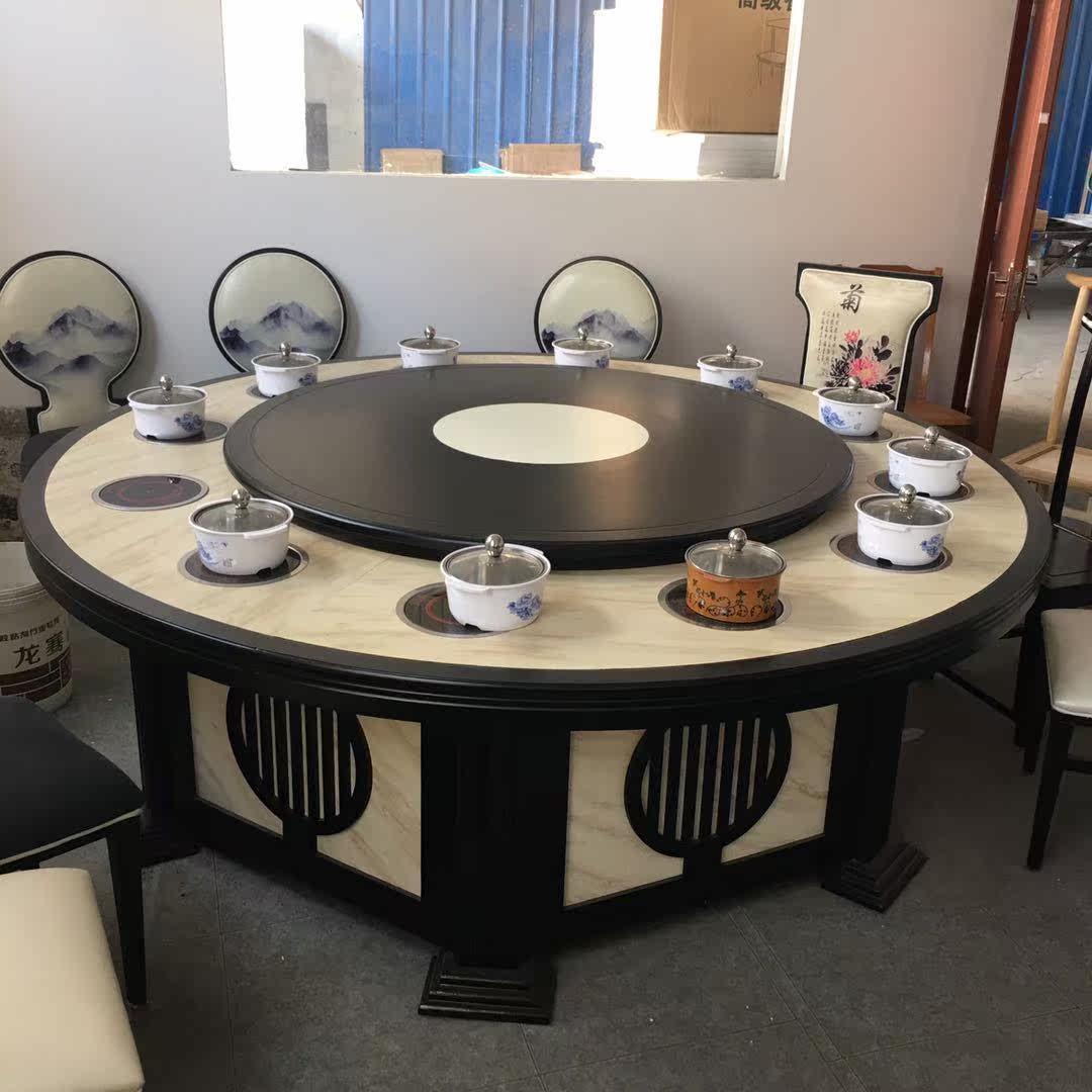 New Chinese marble hotel round table restaurant box dining table 15 people 20 people automatic turntable hot pot table and chair combination