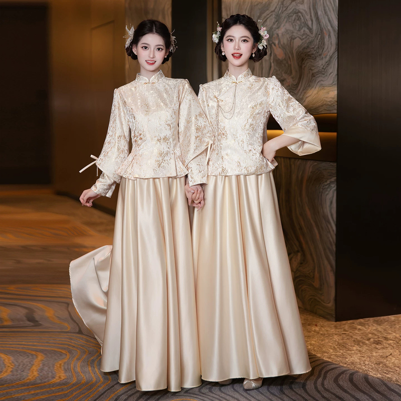 New Chinese-Style Bridesmaid Dresses, Wedding Sister Group Satin Dresses, 2026 New High-End Niche Long-Sleeve Autumn and Winter Models New Chinese-Style Bridesmaid Dresses, Wedding Sister Group Satin Dresses, 2026 New High-End Niche Long-Sleeve Autumn and Winter Models