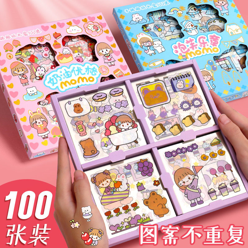 100 handbooks stickers Gift Boxes Cartoon Children Cute Girl Stickers of Teenage Hearts ins Shot Gift Bags Decoration Adhesive Small Patterns Transparent no-mark Glasses Mobile Phone Material Bag Diy Sticker