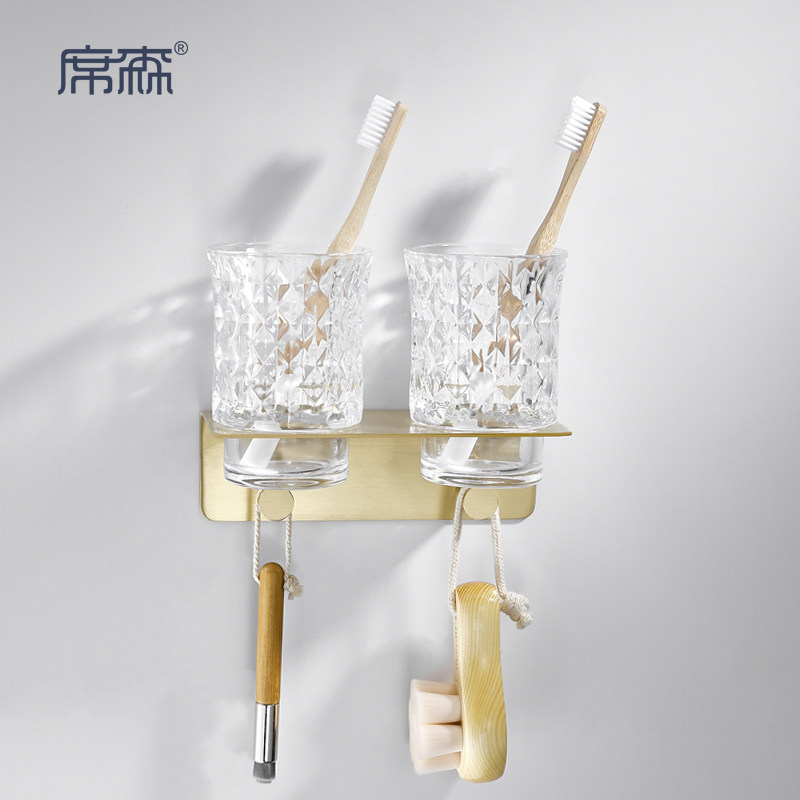 Light luxury brass wall hanging toothbrush holder all copper gargle cup holder makeup room free punch shelf double cup rack tooth rack
