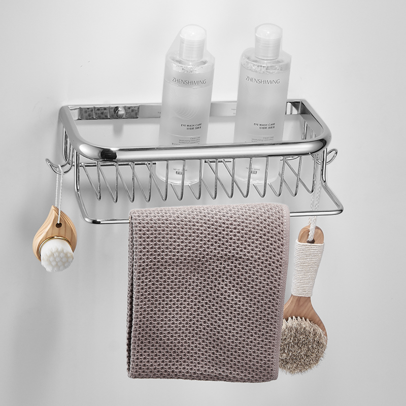 Makeup Room Full Copper Multifunction Storage Basket Wall-mounted Bathroom Copper Bath Shelve With Hook Hanging Rod