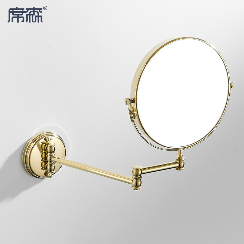 Full copper mirror Gold bathroom makeup mirror Enlarged telescopic makeup mirror Wall folding black beauty mirror double-sided