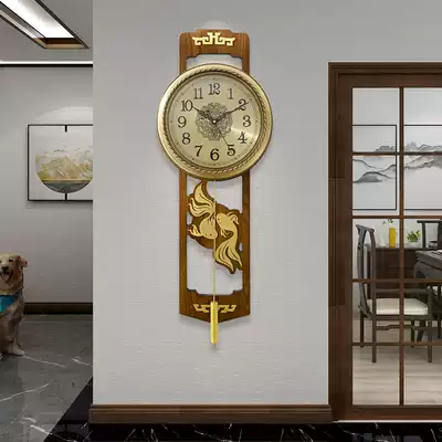 New Chinese wall clock home living room clock light luxury Chinese style solid wood wall clock atmospheric silent swing clock