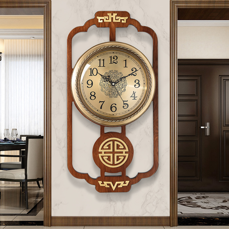 New Chinese style mute wall clock solid wood quartz wall watch living room clock home Chinese style atmosphere fashion wall clock