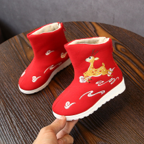 Childrens embroidered shoes winter Chinese style Hanfu shoes annual Clothes shoes plus velvet snow boots handmade embroidered shoes girls winter boots