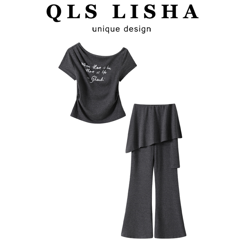 Qiaolisha Casual Sports T-Shirt Short-Sleeve Faux Two-Piece with Flared Pants Women's Summer Fashion Versatile Two-Piece Set