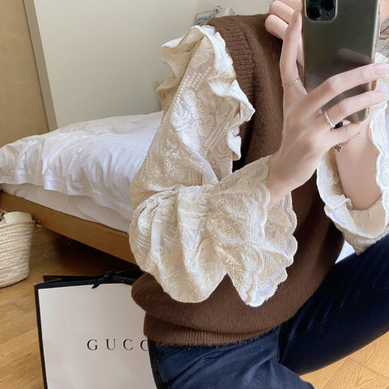 Женская корейская версия рубашки с сетчатым кружевным низом и кружевной рубашкой в западном стиле с длинными рукавами в японском ретро-стиле, милый топ с расклешенными рукавами