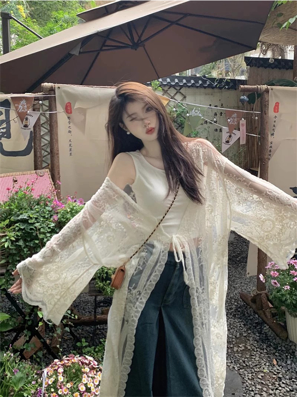 French-Style Ultra-Fairy Mid-Length Chiffon Sun-Protective Cardigan for Women, Summer Thin Crochet Lace Shirt, Loose Outerwear Jacket Top