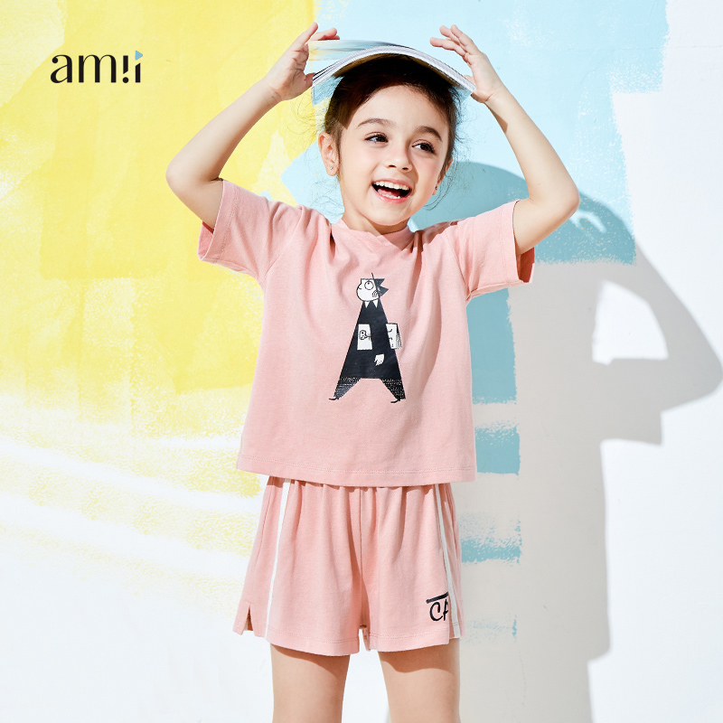 Ăn mặc cô gái Set Summer Big Kids t-shirt quần short ngắn tay rái cá Clearai AMII trẻ em bình thường hai.