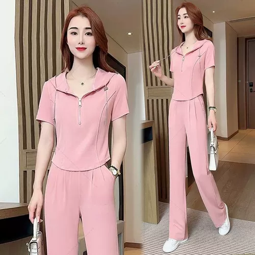 Летние модные штаны с капюшоном с молнией, комплект, на молнии, облегающий крой, короткий рукав, большой размер