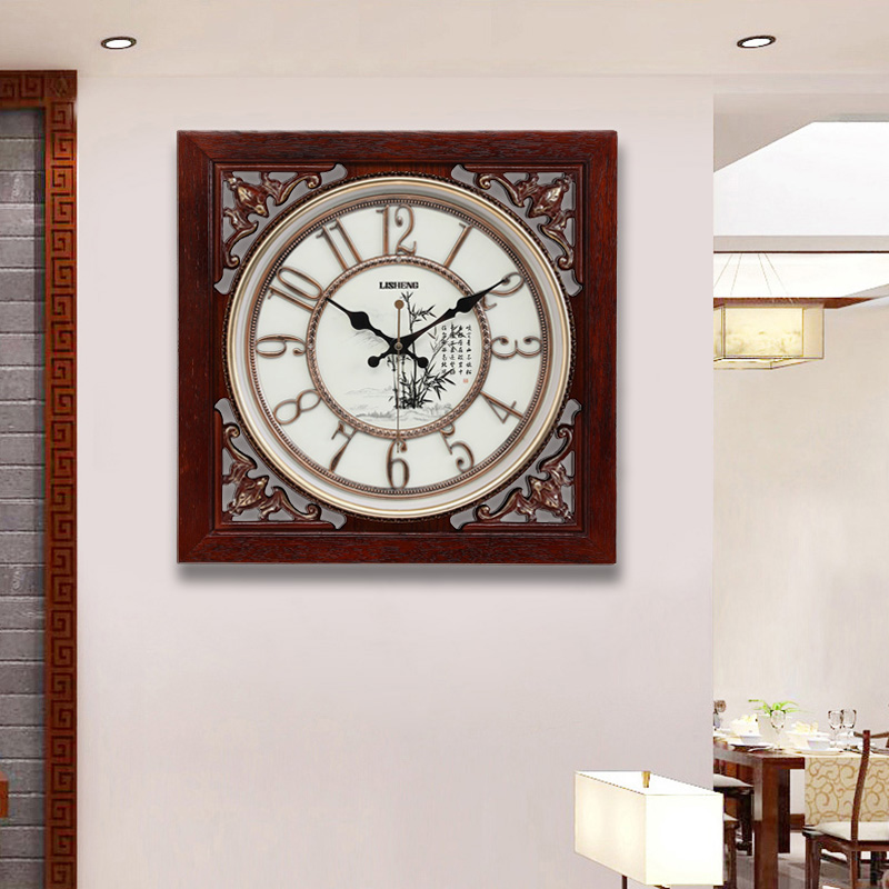 New Chinese living room silent wall clock pineapple grid solid wood square wall clock Chinese style art clock hanging wall big clock