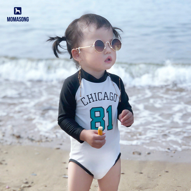 Kids swimsuit girl girl little kids one-piece long sleeves sunscreen quick-drying swimsuit Korean baby girl cute swimsuit