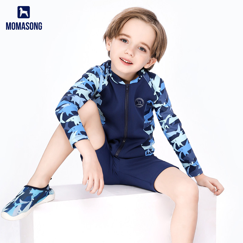 Momasong children's swimsuit Boys middle and large children's split long sleeve swimsuit Boys student sunscreen swimming trunks set