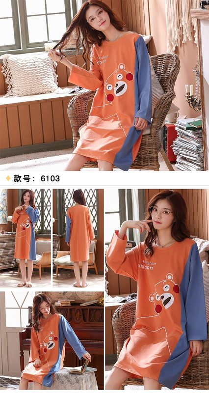 Váy ngủ cotton dài tay cho nữ thu đông, cotton phục vụ tại nhà, váy dài học sinh, phiên bản hàn quốc, rời, bà bầu, váy plus size - Đêm đầm