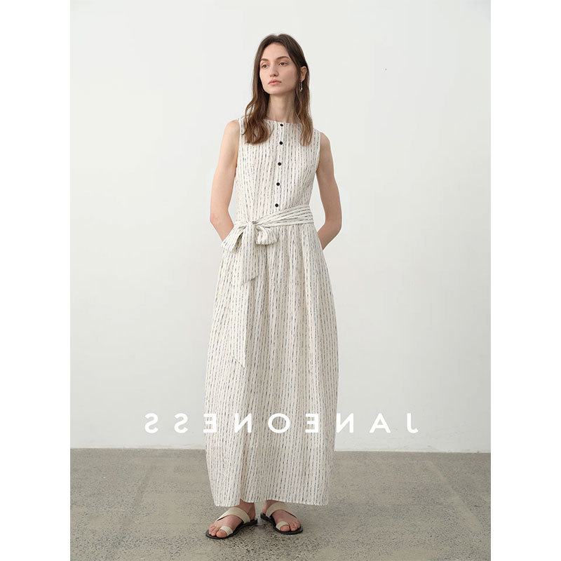 2026 Summer Japanese-Style Textured Vertical Striped Sleeveless Dress for Women, Elegant Round Neck Button-Down Long Tank Dress for Commuting 2026 Summer Japanese-Style Textured Vertical Striped Sleeveless Dress for Women, Elegant Round Neck Button-Down Long Tank Dress for Commuting