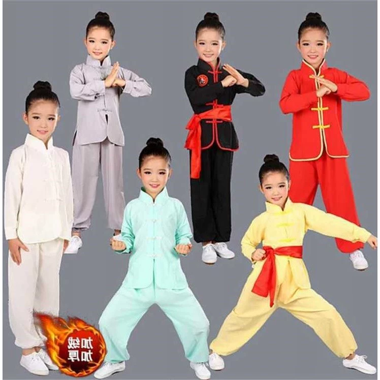 Quần áo võ thuật cho trẻ em thực hành quần áo bé gái bé trai Kung Fu Tai Chi quần áo mùa thu và mùa đông tay dài đào tạo quần áo trẻ em - Quần áo ngoài trời