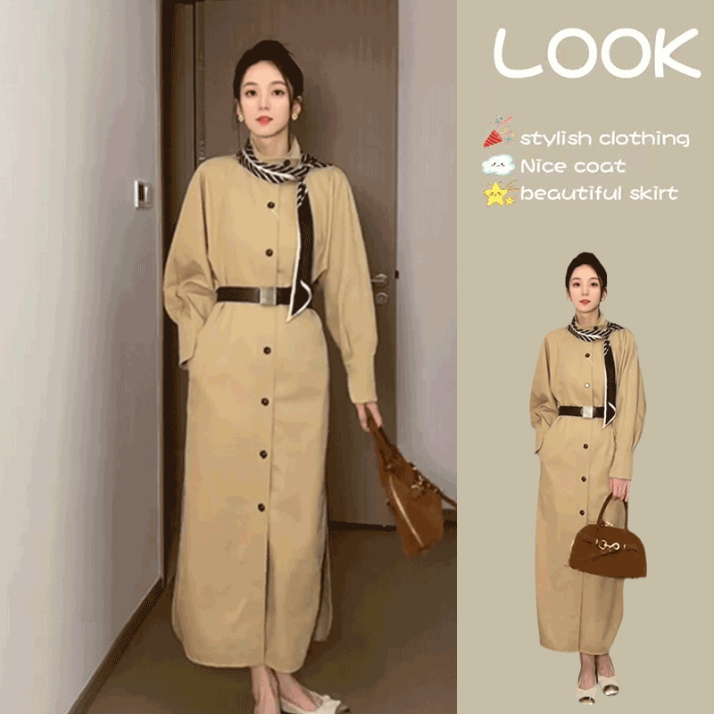 French-Style Casual High-End Trench Coat Dress, Early Autumn New Fashionable Women's Loose-Fitting Waist-Cinching Stand-Up Collar Jacket