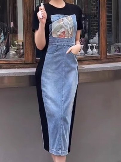 2025 Summer New Color-Blocked Elegant Denim Dress Women's High-End Niche Fashion Long Dress Elegant Skirt