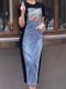 2025 Summer New Color-Blocked Elegant Denim Dress Women's High-End Niche Fashion Long Dress Elegant Skirt