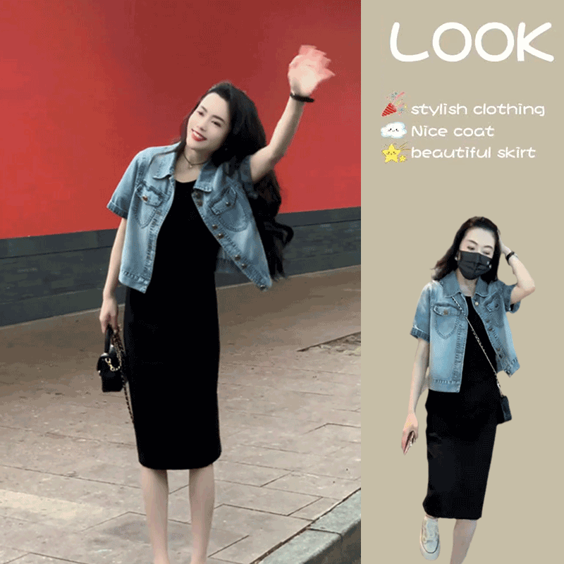 Outfits for Petite Women: 2026 Summer New Short-Sleeved Denim Jacket and Black Dress Two-Piece Set for Women Outfits for Petite Women: 2026 Summer New Short-Sleeved Denim Jacket and Black Dress Two-Piece Set for Women