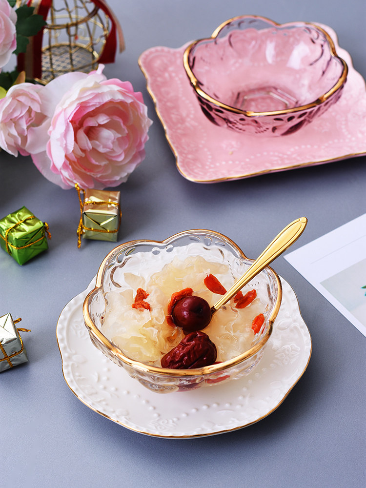 Creative Japanese Phnom Penh cherry blossom glass bowl Bird's nest bowl Dessert bowl tableware Ice cream bowl Sugar water yogurt bowl Salad bowl