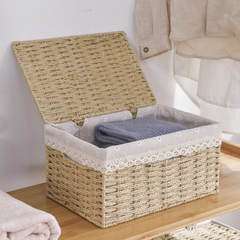 Woven container box students with lid collection basket and clothes covering basket office desktop collection box