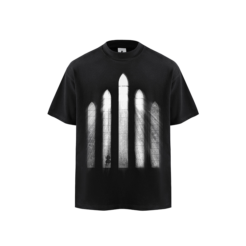 Forfearthat【Temple of Light】Original Short-Sleeved T-Shirt for Men, American High Street Retro Half-Sleeved Heavyweight Top