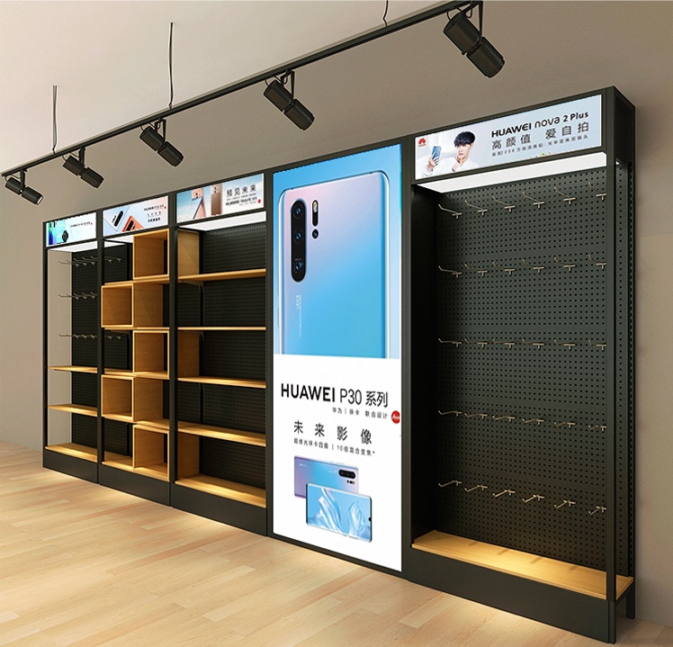 New Mobile Phone Accessory Display Stand, Wall-Mounted Wooden Digital Accessory Cabinet, Huawei Iron Art Blue Gorilla Display Stand, Trendy Product Cabinet