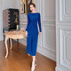 European station blue high-quality pleated dress women's spring chic design inner waist slimming dress long skirt