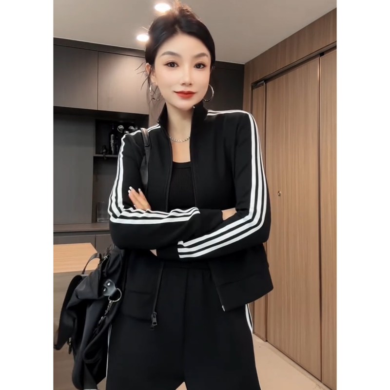 2 Clearance Sale New Classic Versatile Three-Stripe Stand Collar Jacket Pure Cotton Slimming Jacket