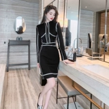 Ретро весеннее платье, лонгслив, юбка, французский стиль, изысканный стиль, круглый воротник, с акцентом на бедрах