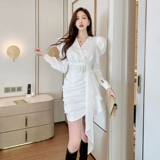 Платье, корсет, поясная сумка, юбка, французский стиль, V-образный вырез, осеннее, с акцентом на бедрах