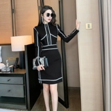 Ретро весеннее платье, лонгслив, юбка, французский стиль, изысканный стиль, круглый воротник, с акцентом на бедрах