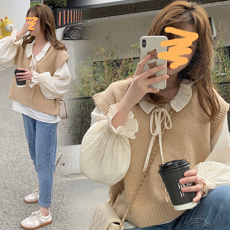 Pregnant women's autumn tops long sleeve large size fashion spring and autumn new loose shirts bottom knitting vests two pieces suit