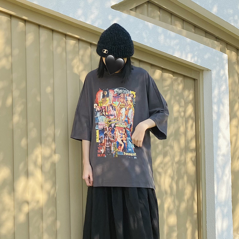 High version we11done graffiti film poster oil painting short sleeve T-shirt blouses women welldone loose summer