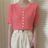 Брендовая летняя футболка с коротким рукавом, трикотажный короткий сиреневый цветной кардиган, высокая талия