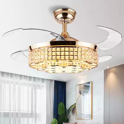 Light luxury crystal ceiling fan lamp Invisible European-style live fan chandelier Household living room modern dining room frequency conversion integrated