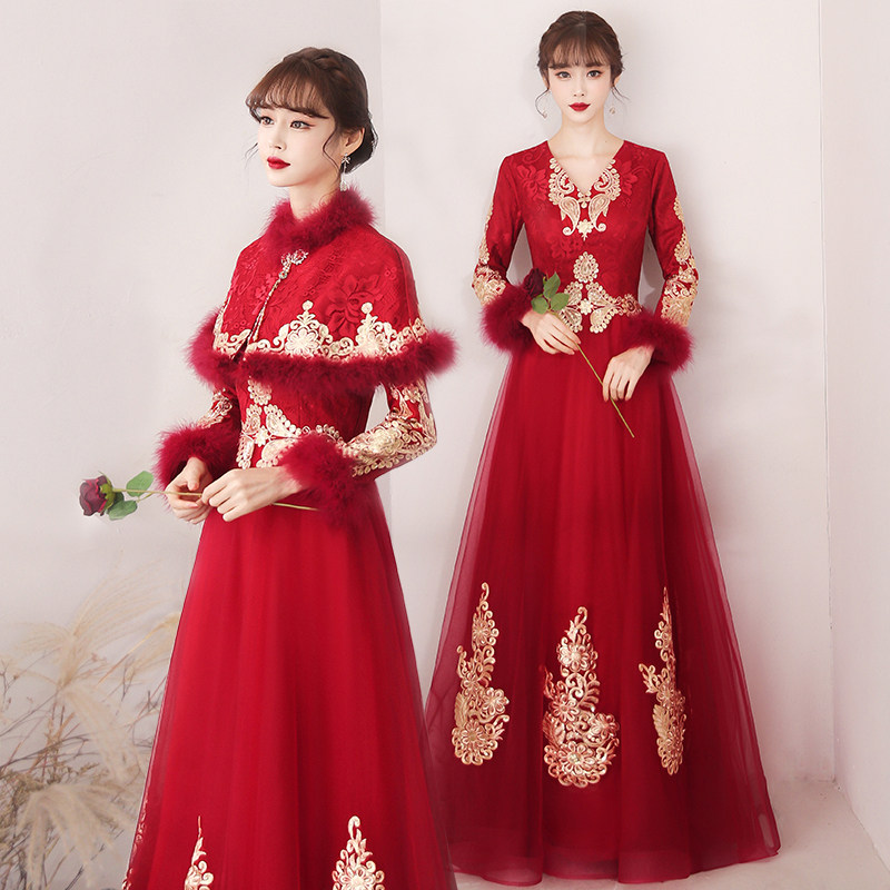 Toast to the bride Winter 2021 new Chinese red show and long sleeves thickened long version wedding gown women's winter