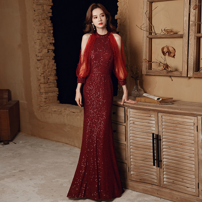 Toast to the bride 2022 new red summer light extravagant high-end sequin wedding banquet evening dress fish tail dresses