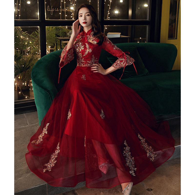 Toast to the bride 2021 new Chinese autumn and winter long version Long sleeves red wedding gown dress Women in winter Show Wo n't
