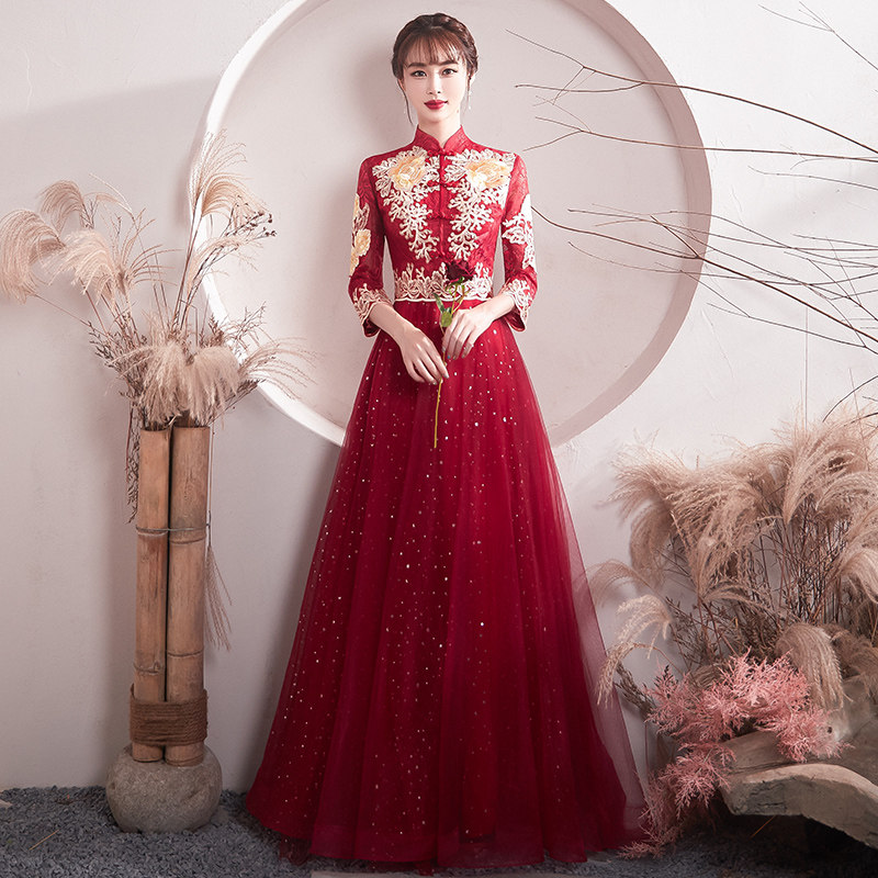 Bride toast 2021 new autumn red wedding cheongsam Chinese long sleeve Xiuhe dress dress female winter