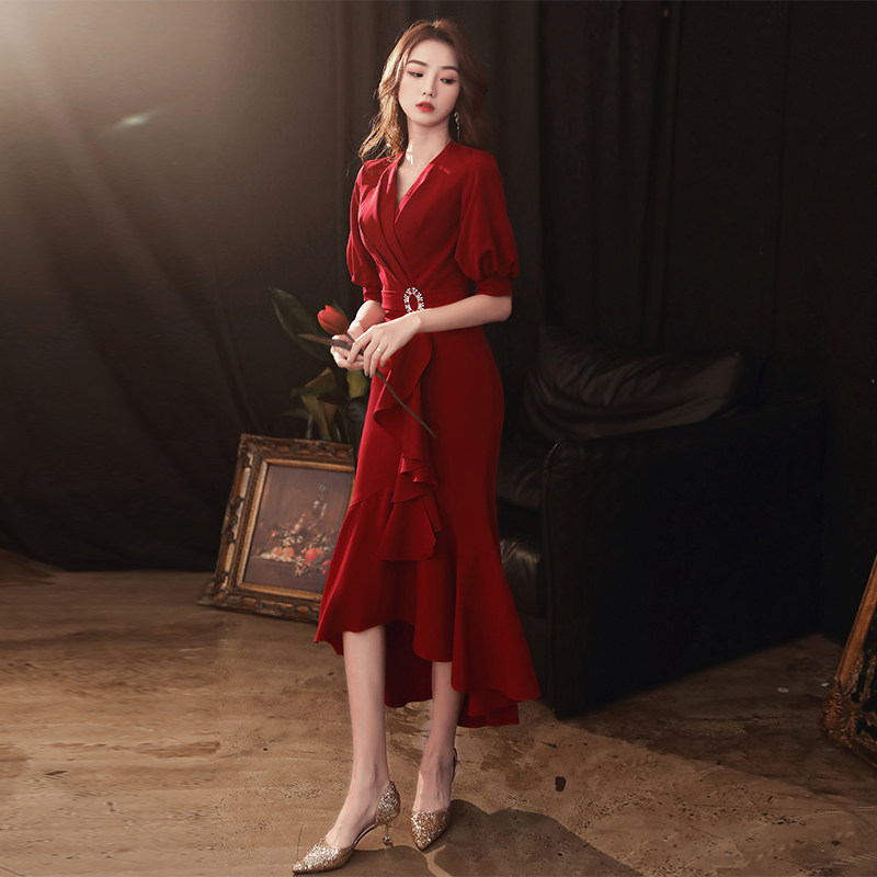 Toast to the bride 2021 new wedding wine red fish tail winter Back to door Little late dress Dresses Dresses normally wear