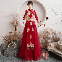 Bride to toast 2021 new Chinese winter red wedding dress long sleeve qipao wedding show and gown wintertime