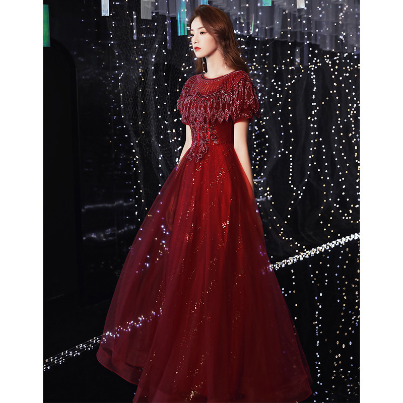 Bride toast 2021 new winter wine red simple atmosphere high-end temperament wedding back dress dress women
