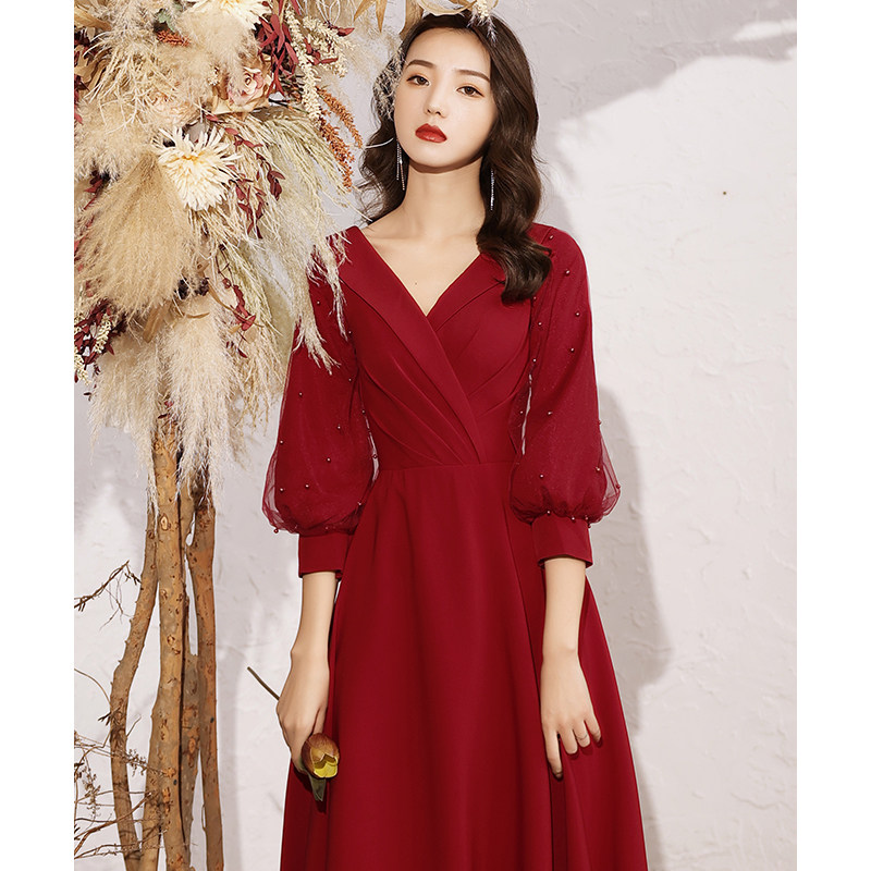 Toast dress bride 2021 new red long sleeve temperament back to the door usually can wear wedding evening dress skirt women winter